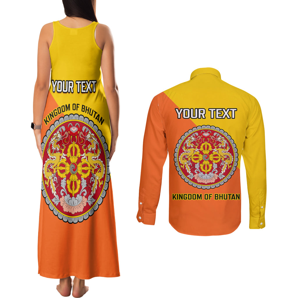 Personalised Bhutan National Day Couples Matching Tank Maxi Dress and Long Sleeve Button Shirt Coat Of Arms Mix Flag Style - Wonder Print Shop
