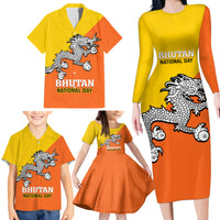 Personalised Bhutan National Day Family Matching Long Sleeve Bodycon Dress and Hawaiian Shirt Coat Of Arms Mix Flag Style - Wonder Print Shop