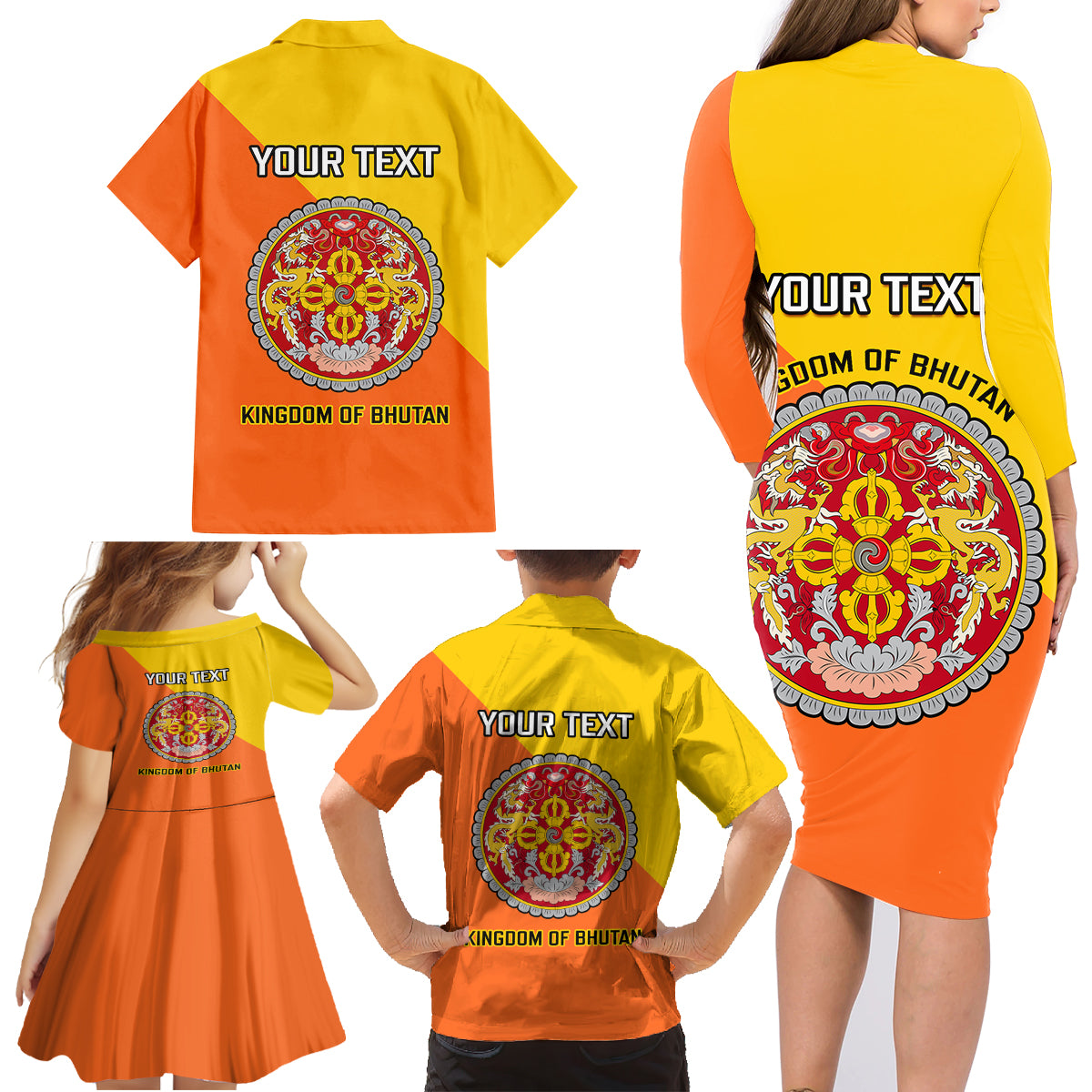 Personalised Bhutan National Day Family Matching Long Sleeve Bodycon Dress and Hawaiian Shirt Coat Of Arms Mix Flag Style - Wonder Print Shop