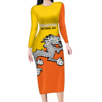 Personalised Bhutan National Day Family Matching Long Sleeve Bodycon Dress and Hawaiian Shirt Coat Of Arms Mix Flag Style - Wonder Print Shop