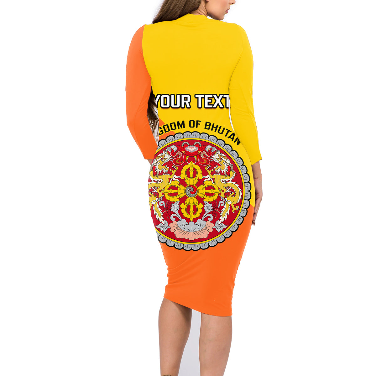Personalised Bhutan National Day Family Matching Long Sleeve Bodycon Dress and Hawaiian Shirt Coat Of Arms Mix Flag Style - Wonder Print Shop