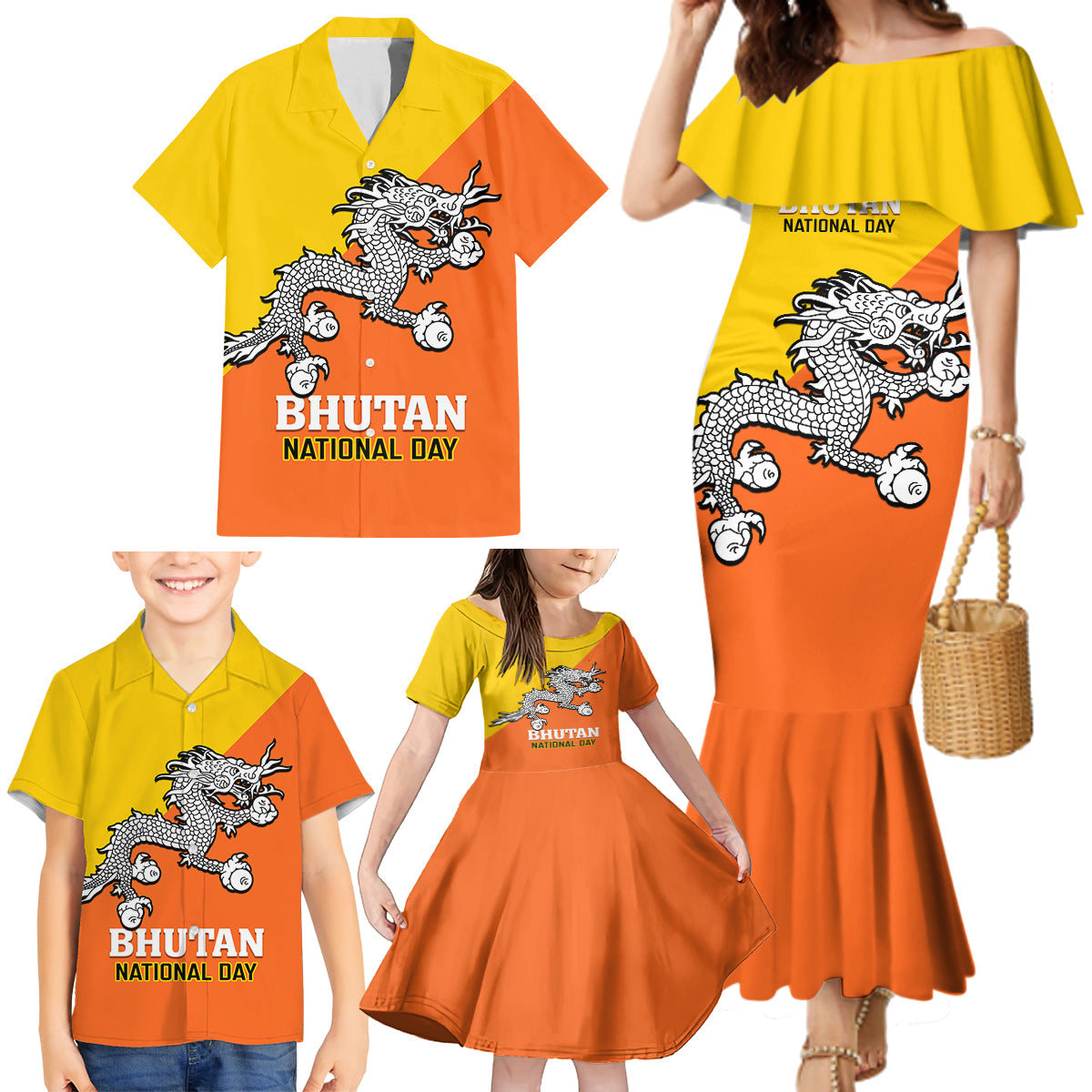 Personalised Bhutan National Day Family Matching Mermaid Dress and Hawaiian Shirt Coat Of Arms Mix Flag Style - Wonder Print Shop