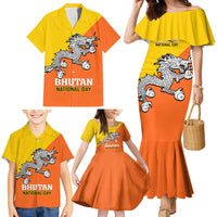 Personalised Bhutan National Day Family Matching Mermaid Dress and Hawaiian Shirt Coat Of Arms Mix Flag Style - Wonder Print Shop