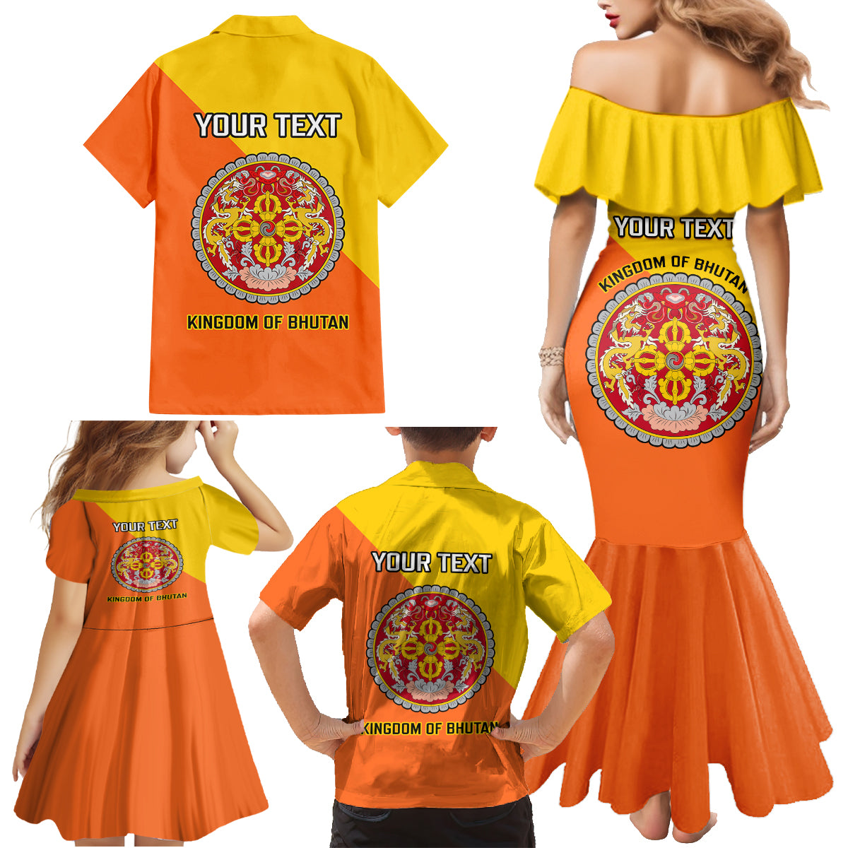 Personalised Bhutan National Day Family Matching Mermaid Dress and Hawaiian Shirt Coat Of Arms Mix Flag Style - Wonder Print Shop