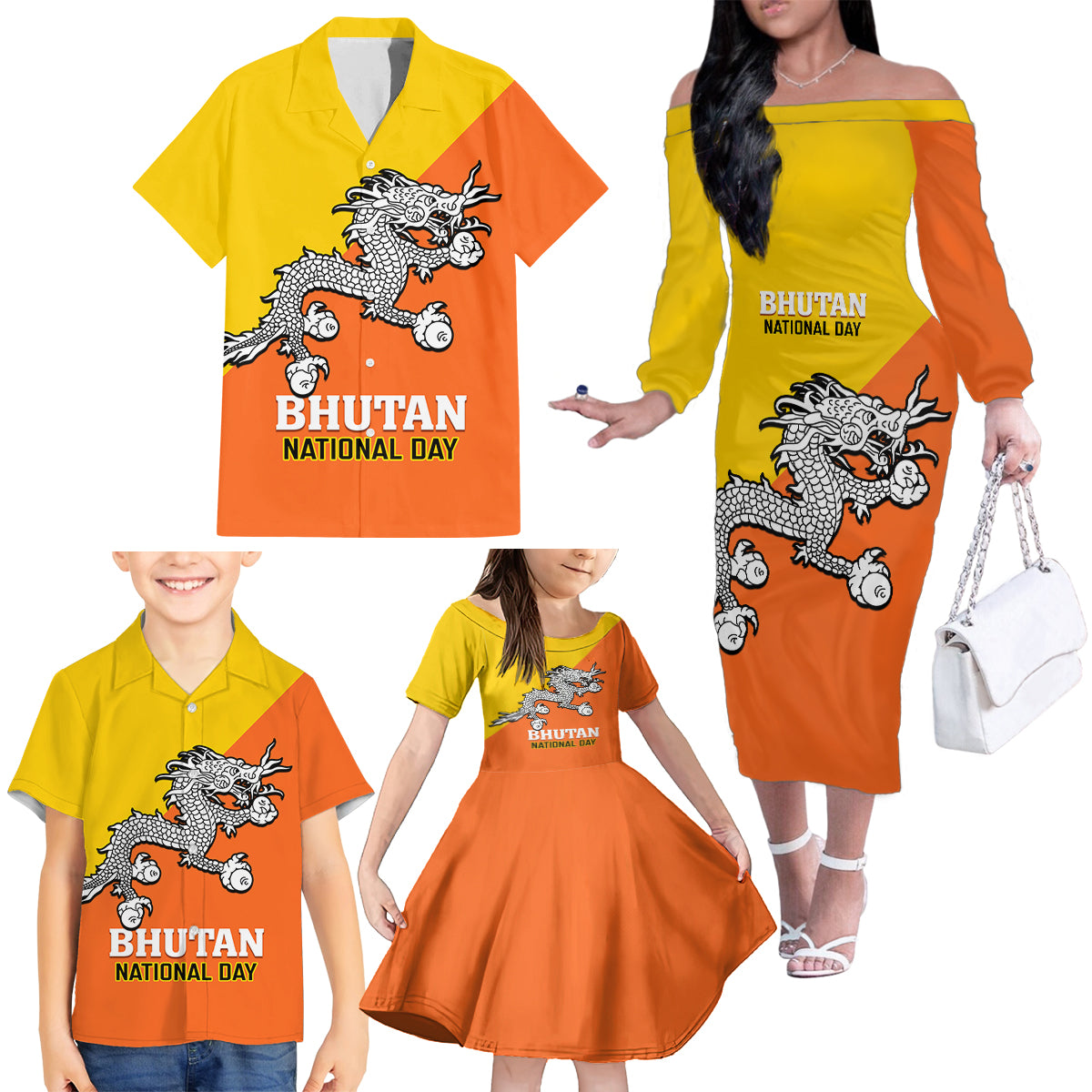 Personalised Bhutan National Day Family Matching Off Shoulder Long Sleeve Dress and Hawaiian Shirt Coat Of Arms Mix Flag Style - Wonder Print Shop