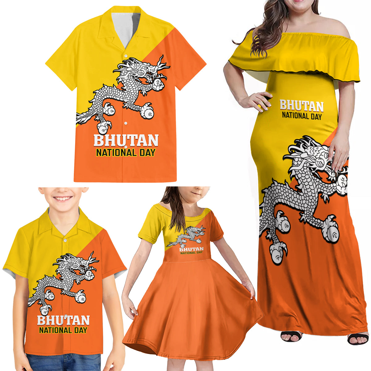 Personalised Bhutan National Day Family Matching Off Shoulder Maxi Dress and Hawaiian Shirt Coat Of Arms Mix Flag Style - Wonder Print Shop
