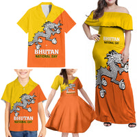 Personalised Bhutan National Day Family Matching Off Shoulder Maxi Dress and Hawaiian Shirt Coat Of Arms Mix Flag Style - Wonder Print Shop