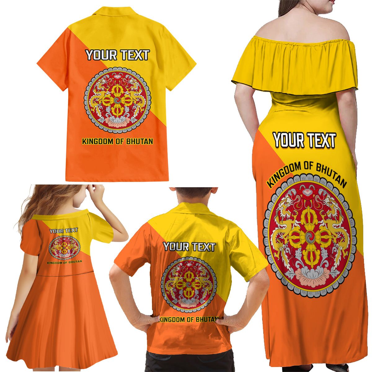 Personalised Bhutan National Day Family Matching Off Shoulder Maxi Dress and Hawaiian Shirt Coat Of Arms Mix Flag Style - Wonder Print Shop