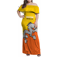Personalised Bhutan National Day Family Matching Off Shoulder Maxi Dress and Hawaiian Shirt Coat Of Arms Mix Flag Style - Wonder Print Shop