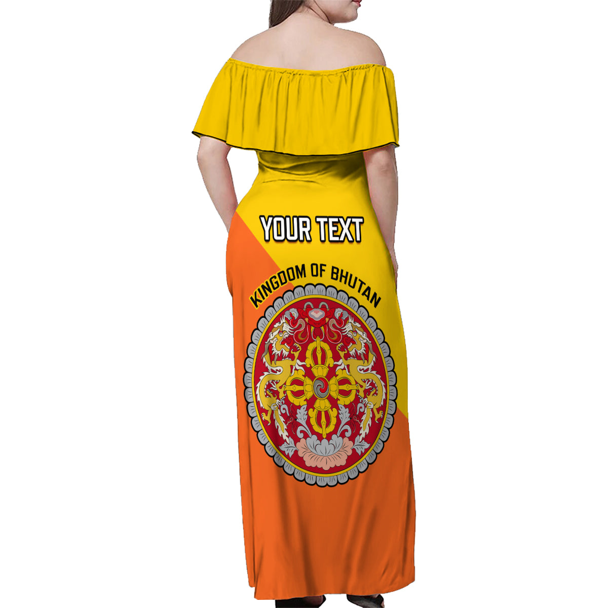 Personalised Bhutan National Day Family Matching Off Shoulder Maxi Dress and Hawaiian Shirt Coat Of Arms Mix Flag Style - Wonder Print Shop
