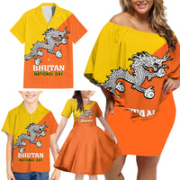 Personalised Bhutan National Day Family Matching Off Shoulder Short Dress and Hawaiian Shirt Coat Of Arms Mix Flag Style - Wonder Print Shop