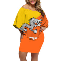 Personalised Bhutan National Day Family Matching Off Shoulder Short Dress and Hawaiian Shirt Coat Of Arms Mix Flag Style - Wonder Print Shop