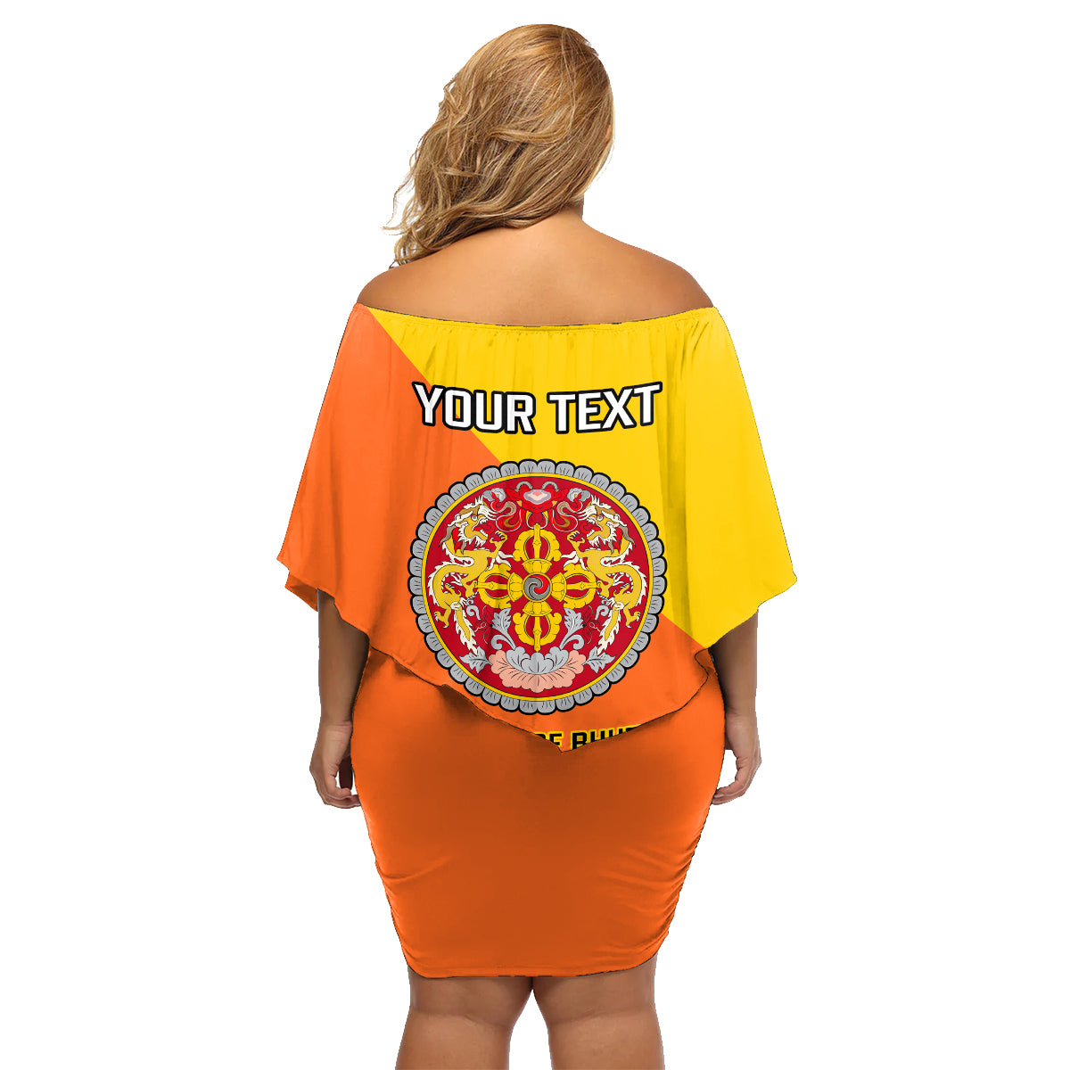 Personalised Bhutan National Day Family Matching Off Shoulder Short Dress and Hawaiian Shirt Coat Of Arms Mix Flag Style - Wonder Print Shop