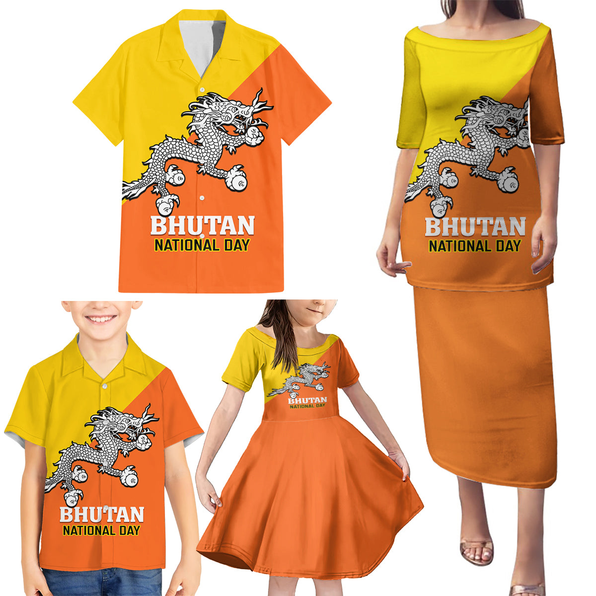 Personalised Bhutan National Day Family Matching Puletasi Dress and Hawaiian Shirt Coat Of Arms Mix Flag Style - Wonder Print Shop