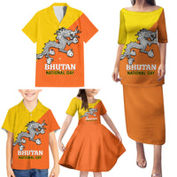 Personalised Bhutan National Day Family Matching Puletasi Dress and Hawaiian Shirt Coat Of Arms Mix Flag Style - Wonder Print Shop