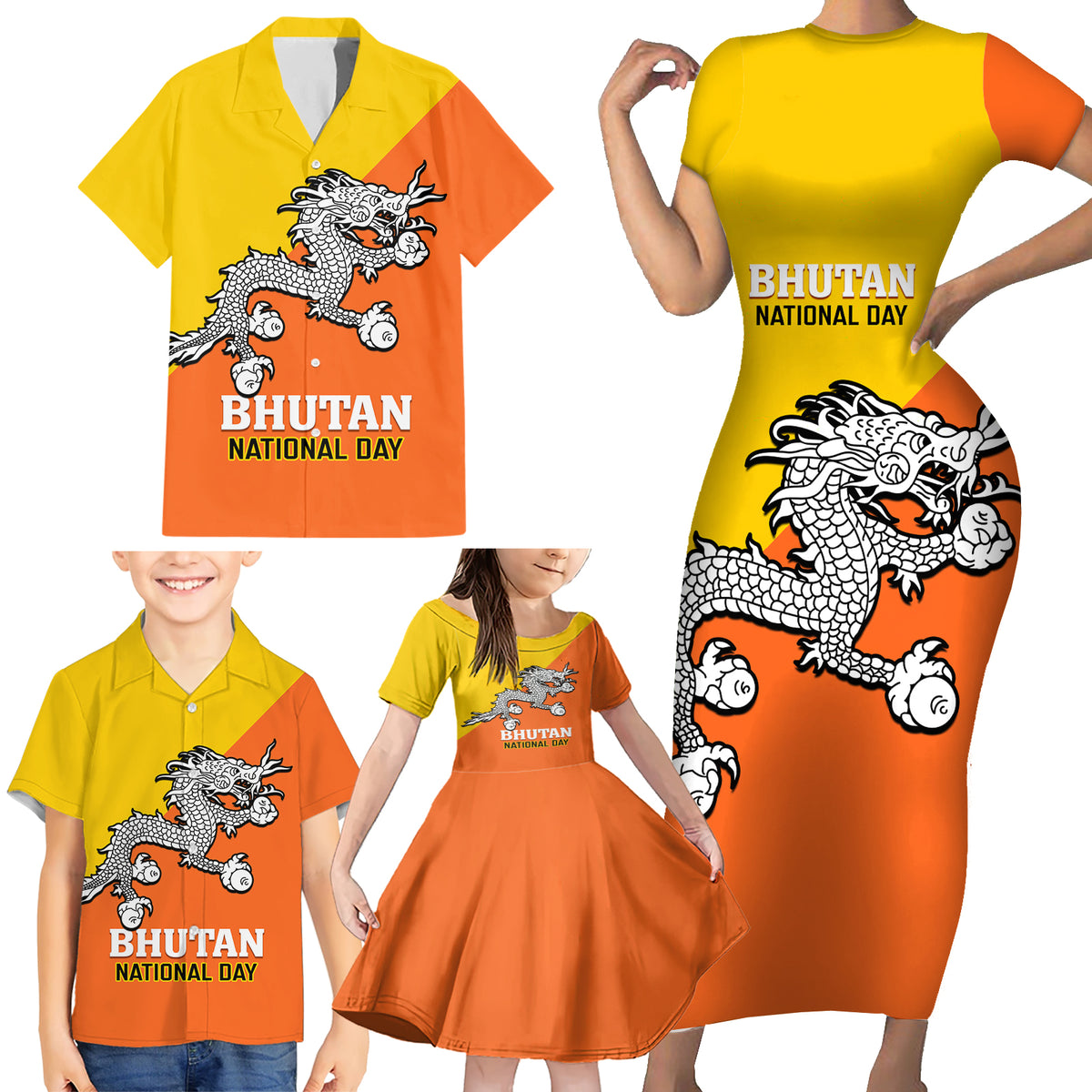 Personalised Bhutan National Day Family Matching Short Sleeve Bodycon Dress and Hawaiian Shirt Coat Of Arms Mix Flag Style - Wonder Print Shop