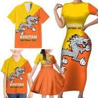 Personalised Bhutan National Day Family Matching Short Sleeve Bodycon Dress and Hawaiian Shirt Coat Of Arms Mix Flag Style - Wonder Print Shop