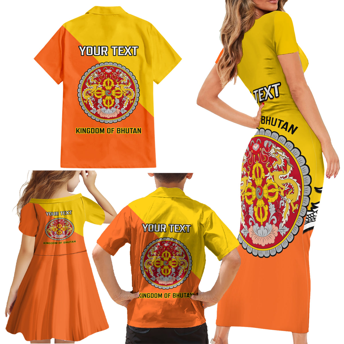Personalised Bhutan National Day Family Matching Short Sleeve Bodycon Dress and Hawaiian Shirt Coat Of Arms Mix Flag Style - Wonder Print Shop