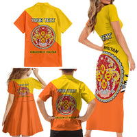 Personalised Bhutan National Day Family Matching Short Sleeve Bodycon Dress and Hawaiian Shirt Coat Of Arms Mix Flag Style - Wonder Print Shop