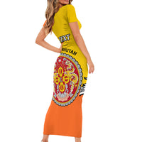 Personalised Bhutan National Day Family Matching Short Sleeve Bodycon Dress and Hawaiian Shirt Coat Of Arms Mix Flag Style - Wonder Print Shop