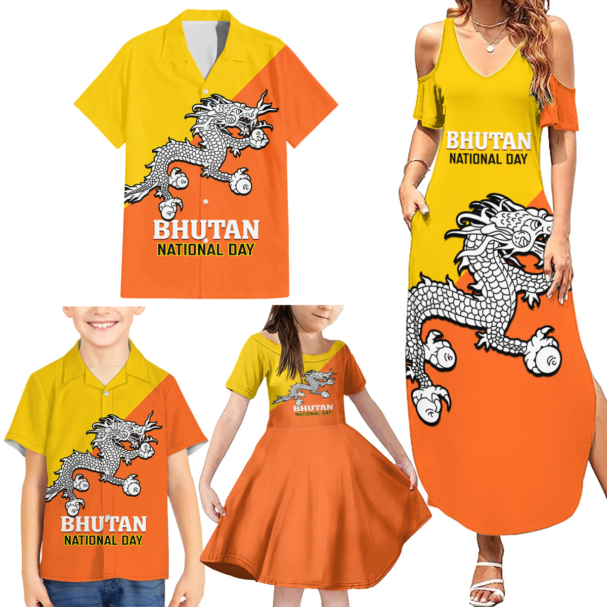 Personalised Bhutan National Day Family Matching Summer Maxi Dress and Hawaiian Shirt Coat Of Arms Mix Flag Style - Wonder Print Shop