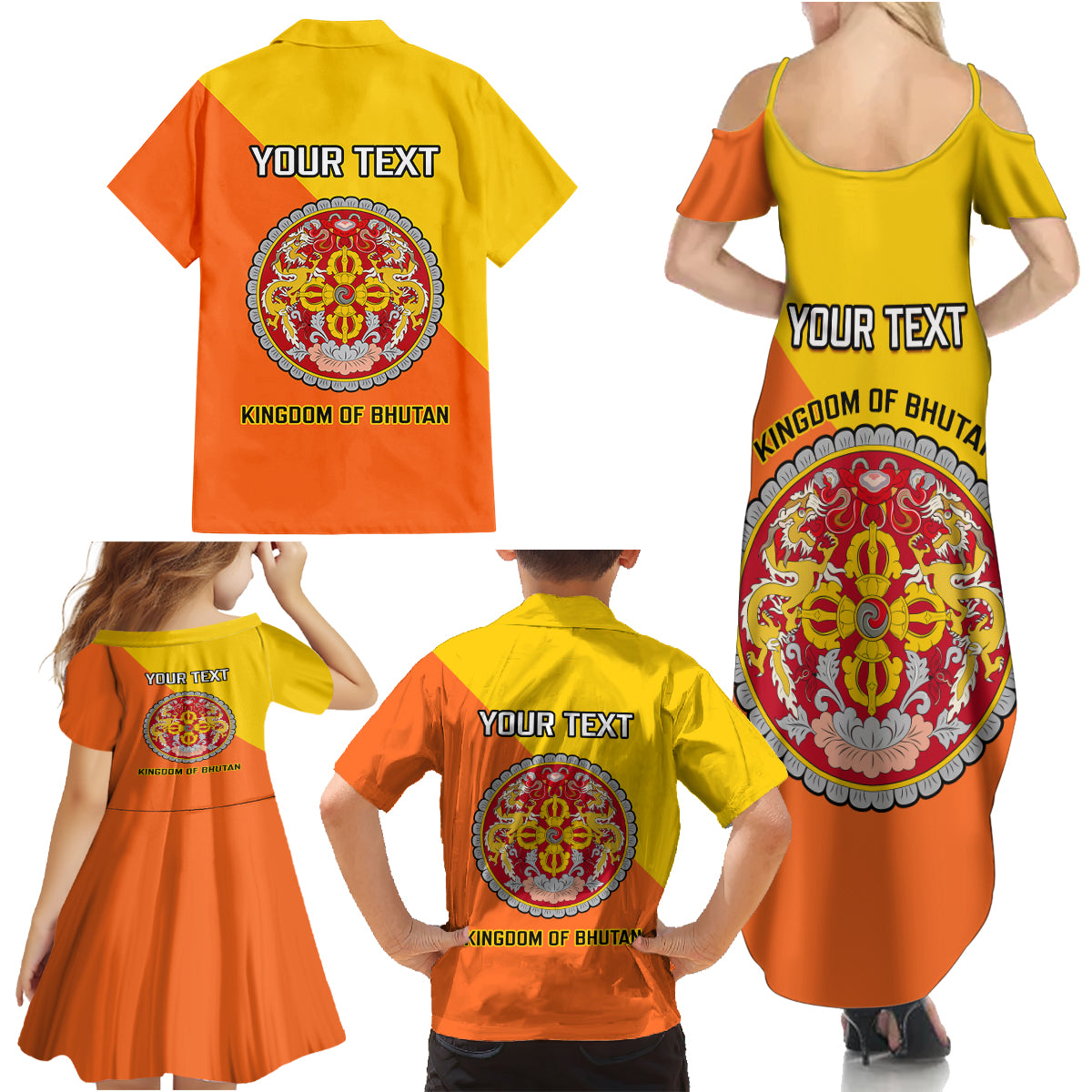Personalised Bhutan National Day Family Matching Summer Maxi Dress and Hawaiian Shirt Coat Of Arms Mix Flag Style - Wonder Print Shop