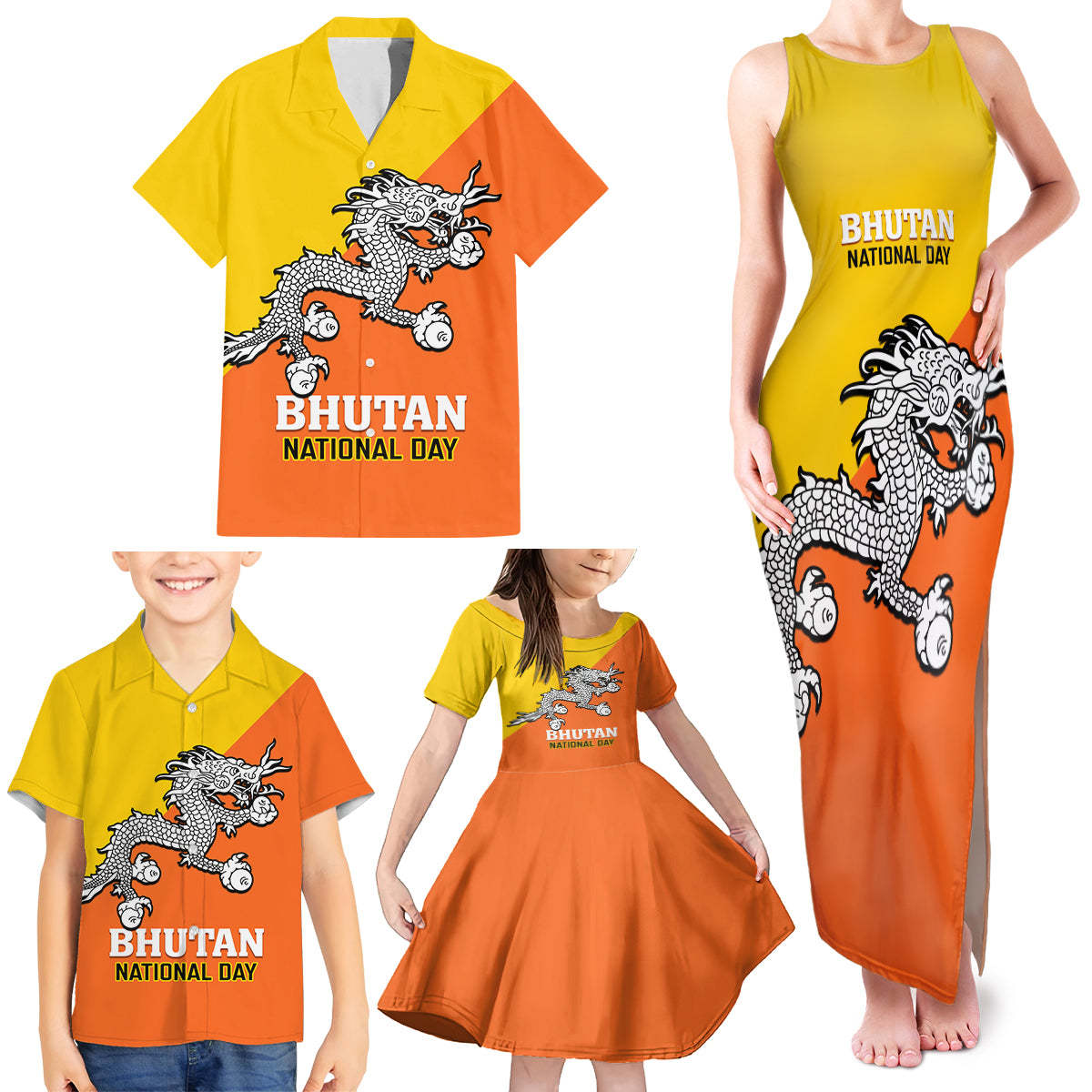 Personalised Bhutan National Day Family Matching Tank Maxi Dress and Hawaiian Shirt Coat Of Arms Mix Flag Style - Wonder Print Shop