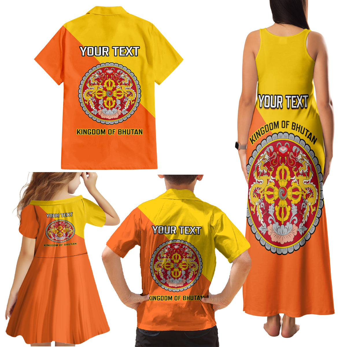 Personalised Bhutan National Day Family Matching Tank Maxi Dress and Hawaiian Shirt Coat Of Arms Mix Flag Style - Wonder Print Shop