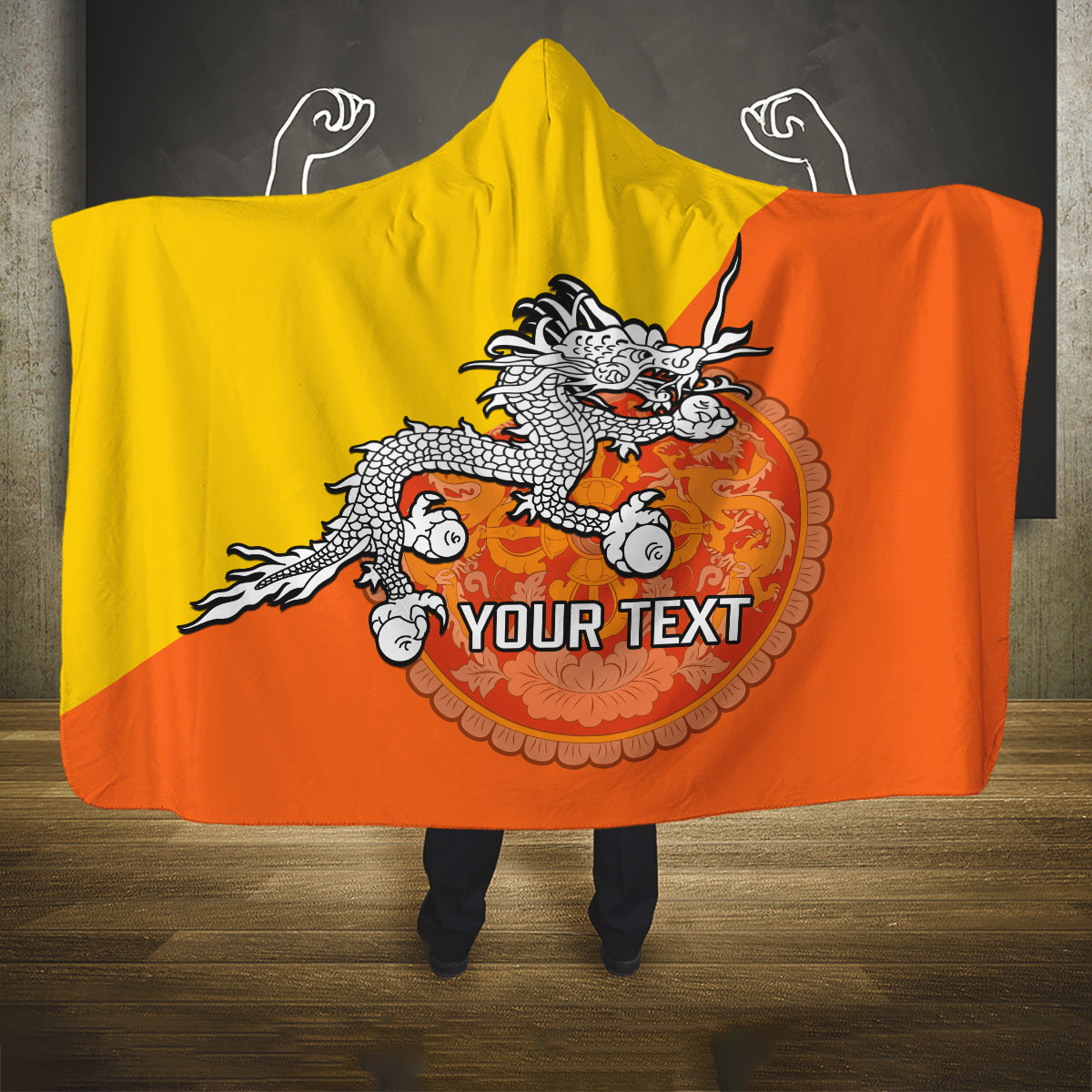 personalised-bhutan-national-day-hooded-blanket-coat-of-arms-mix-flag-style