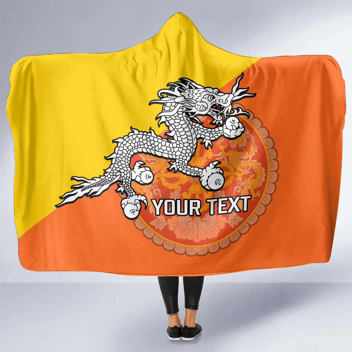 personalised-bhutan-national-day-hooded-blanket-coat-of-arms-mix-flag-style