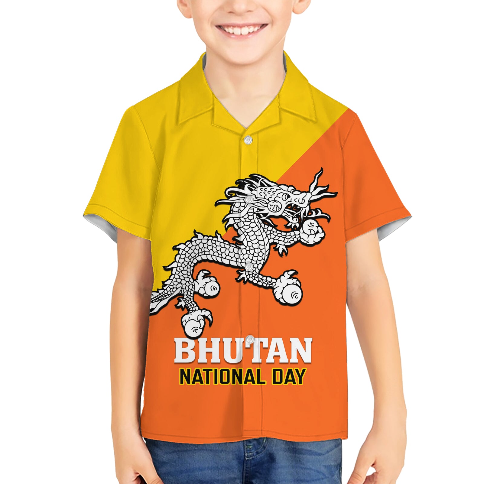 Personalised Bhutan National Day Kid Hawaiian Shirt Coat Of Arms Mix Flag Style - Wonder Print Shop