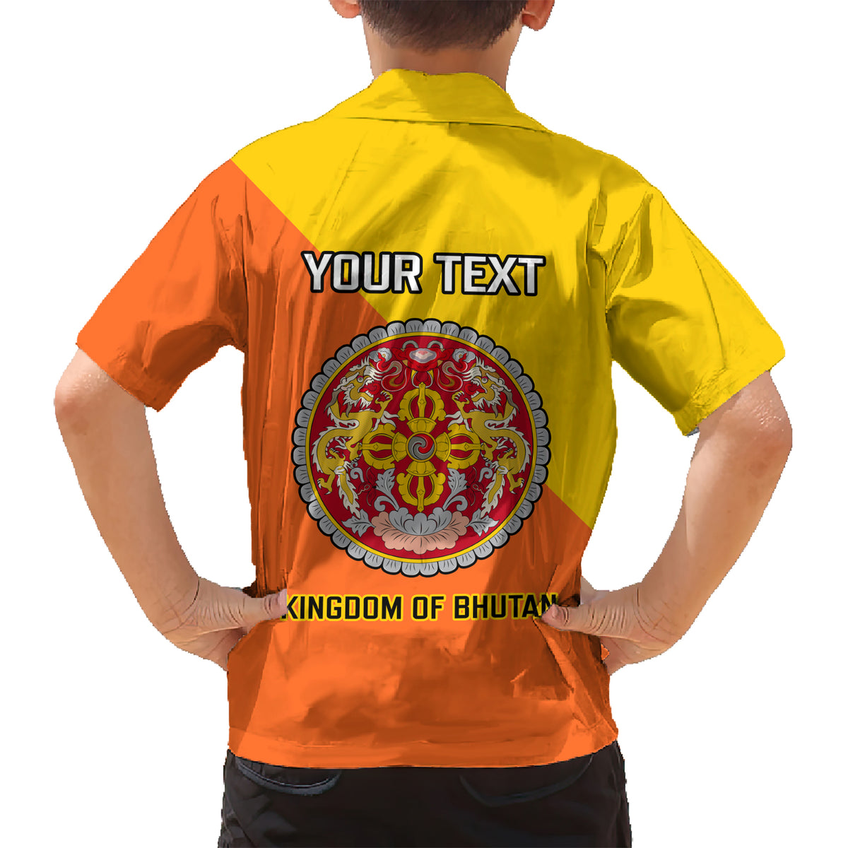 Personalised Bhutan National Day Kid Hawaiian Shirt Coat Of Arms Mix Flag Style - Wonder Print Shop