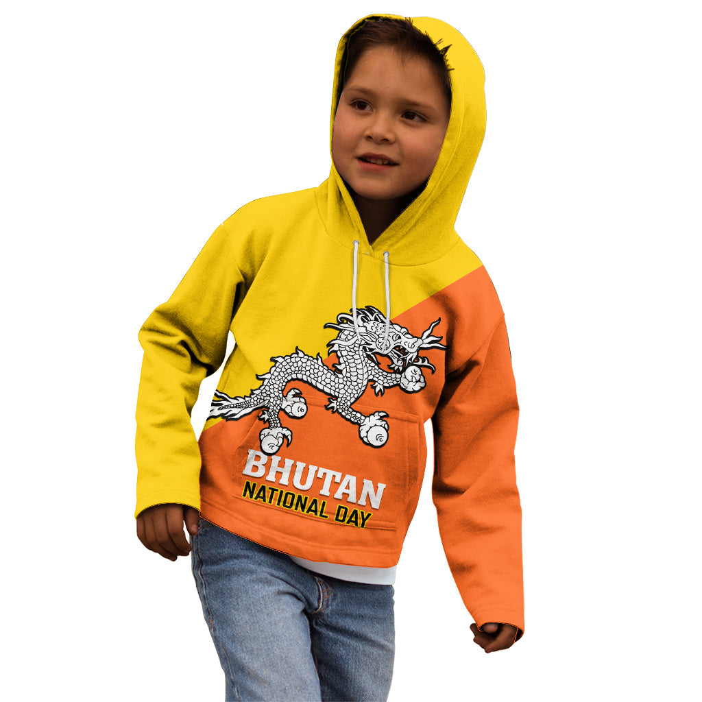 Personalised Bhutan National Day Kid Hoodie Coat Of Arms Mix Flag Style - Wonder Print Shop