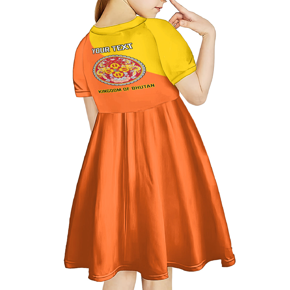 Personalised Bhutan National Day Kid Short Sleeve Dress Coat Of Arms Mix Flag Style - Wonder Print Shop