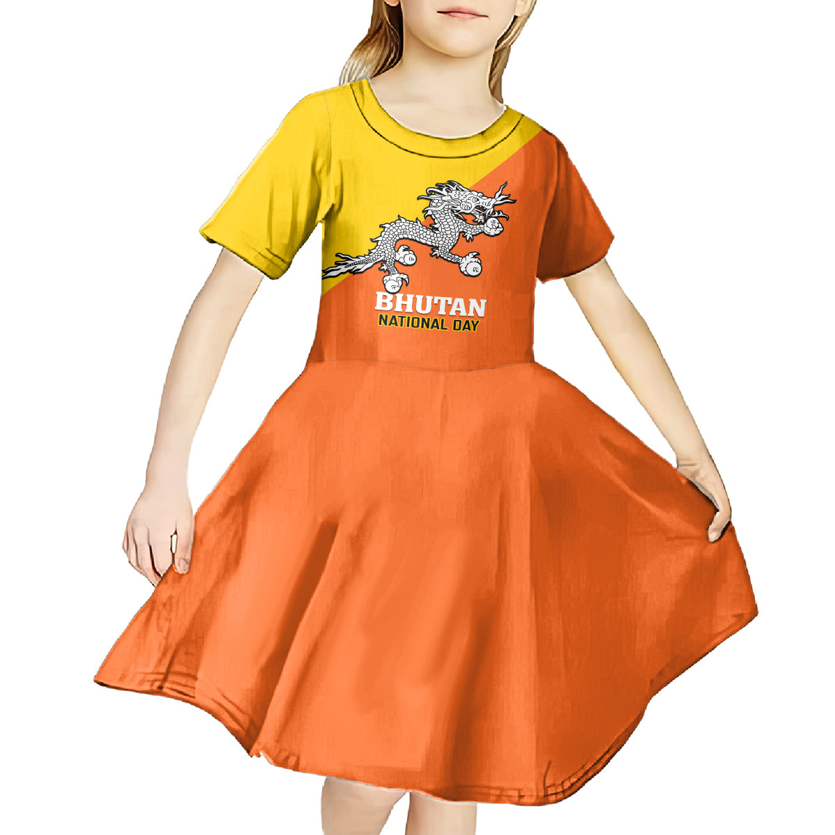 Personalised Bhutan National Day Kid Short Sleeve Dress Coat Of Arms Mix Flag Style - Wonder Print Shop