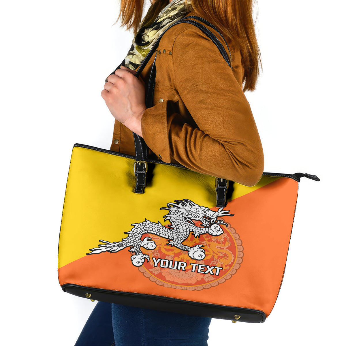 Personalised Bhutan National Day Leather Tote Bag Coat Of Arms Mix Flag Style - Wonder Print Shop
