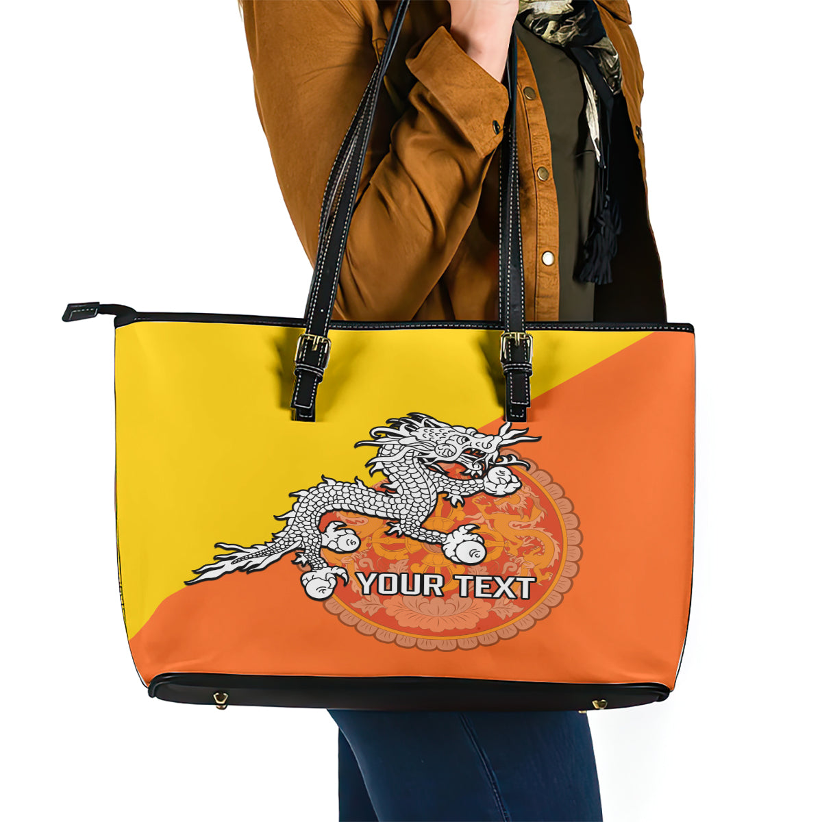 Personalised Bhutan National Day Leather Tote Bag Coat Of Arms Mix Flag Style - Wonder Print Shop
