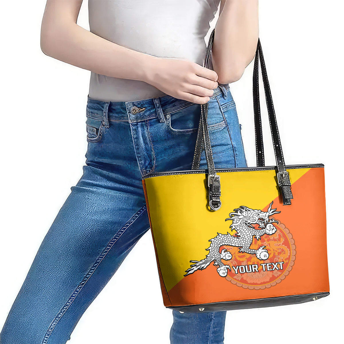 Personalised Bhutan National Day Leather Tote Bag Coat Of Arms Mix Flag Style - Wonder Print Shop