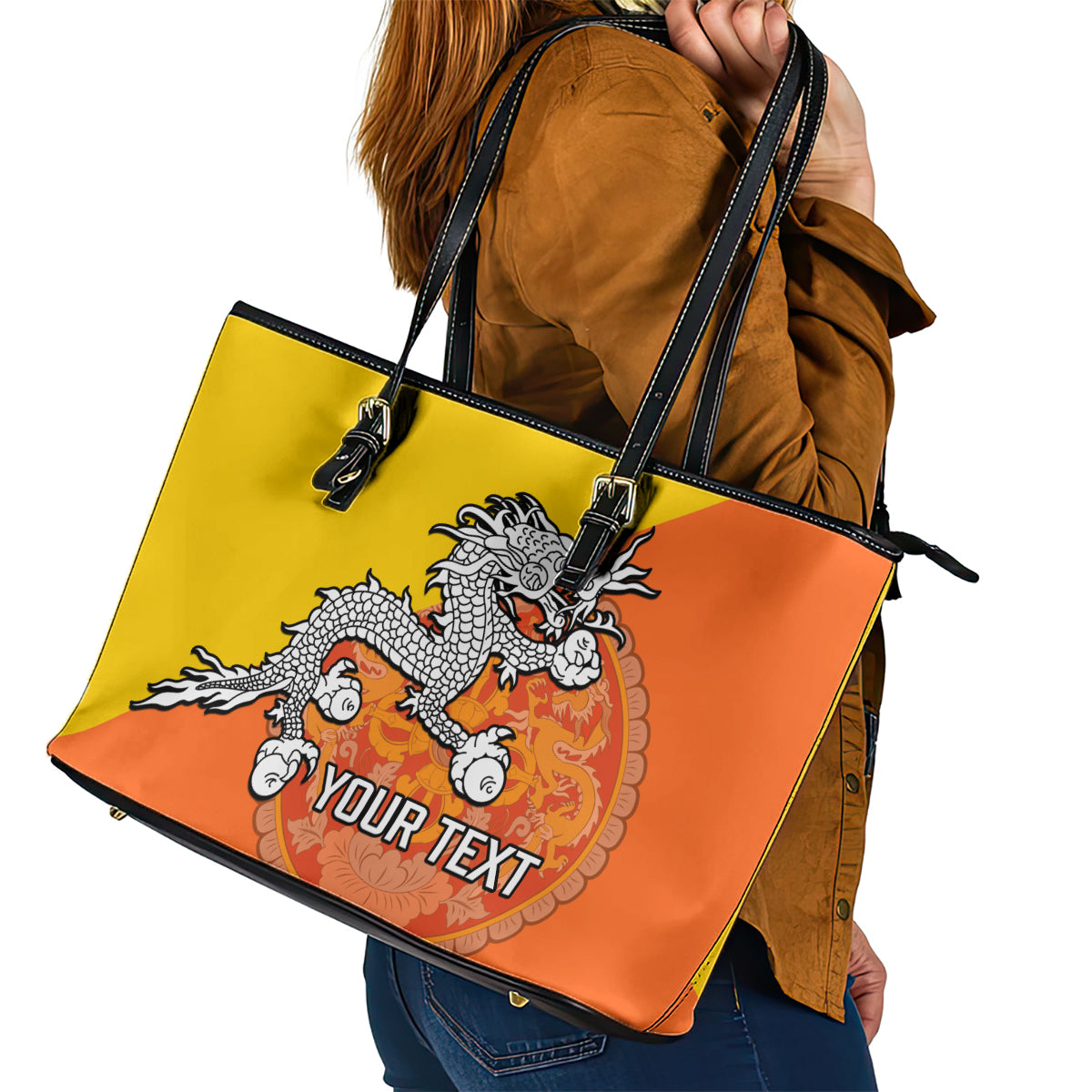 Personalised Bhutan National Day Leather Tote Bag Coat Of Arms Mix Flag Style - Wonder Print Shop