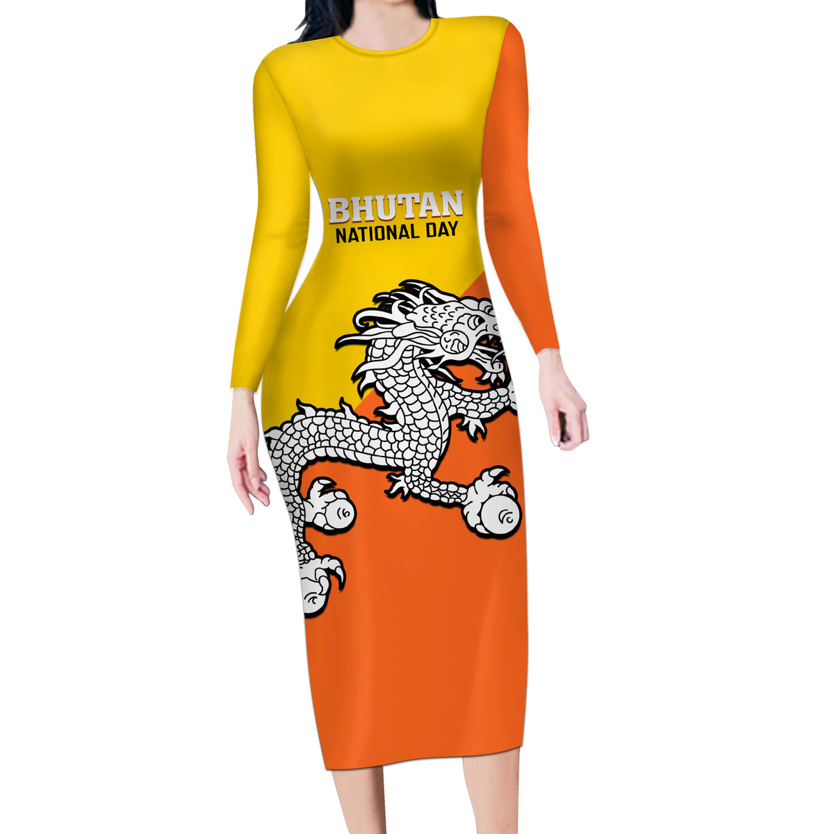 Personalised Bhutan National Day Long Sleeve Bodycon Dress Coat Of Arms Mix Flag Style - Wonder Print Shop