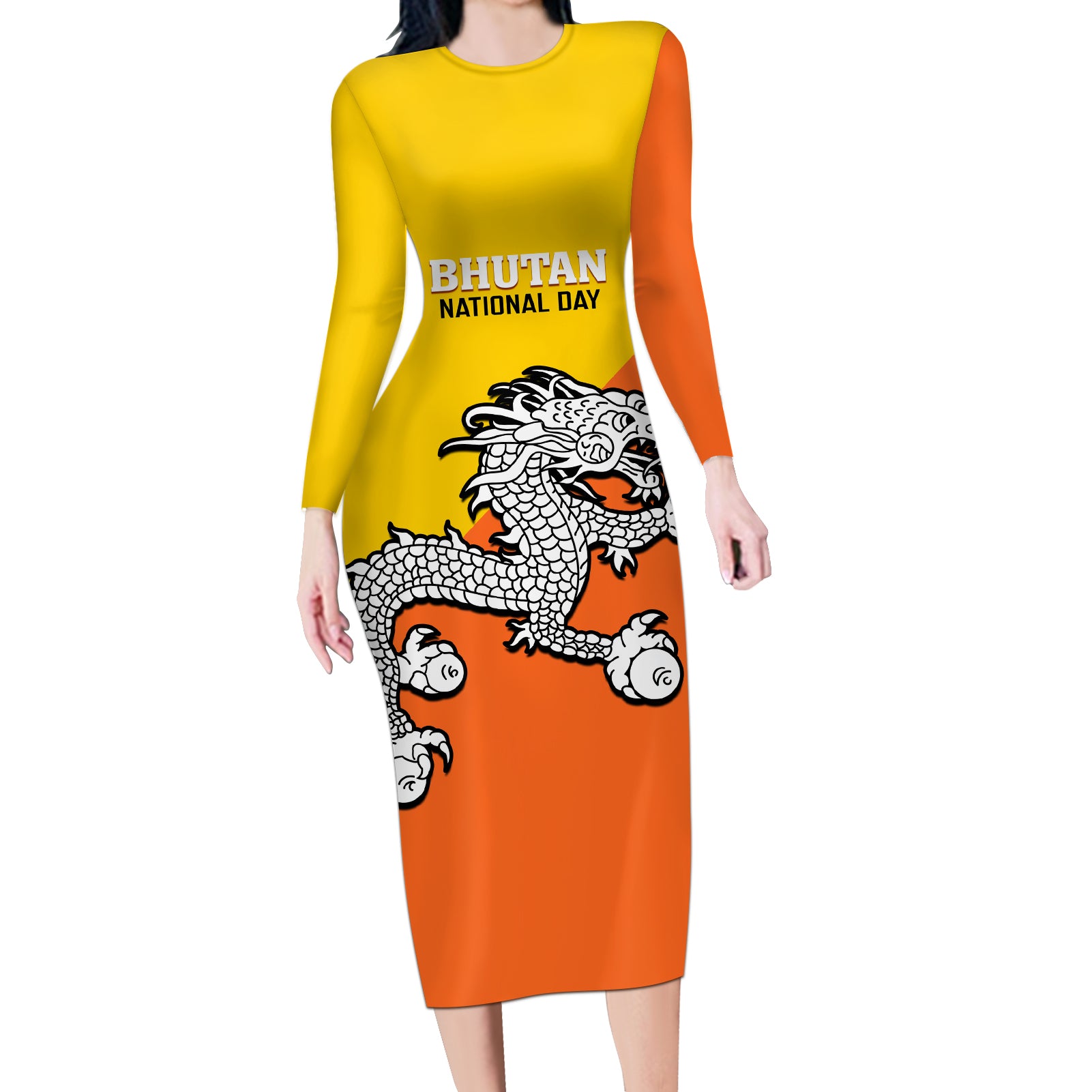 personalised-bhutan-national-day-long-sleeve-bodycon-dress-coat-of-arms-mix-flag-style