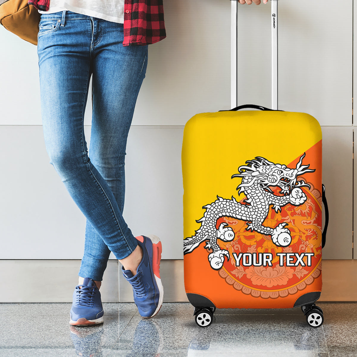 Personalised Bhutan National Day Luggage Cover Coat Of Arms Mix Flag Style - Wonder Print Shop