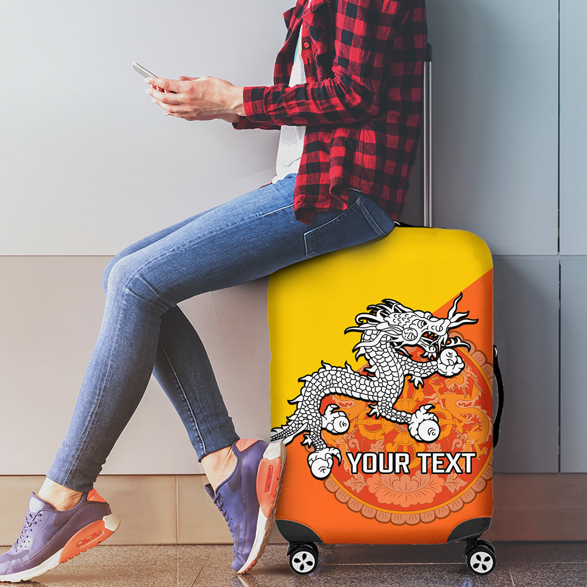 Personalised Bhutan National Day Luggage Cover Coat Of Arms Mix Flag Style - Wonder Print Shop