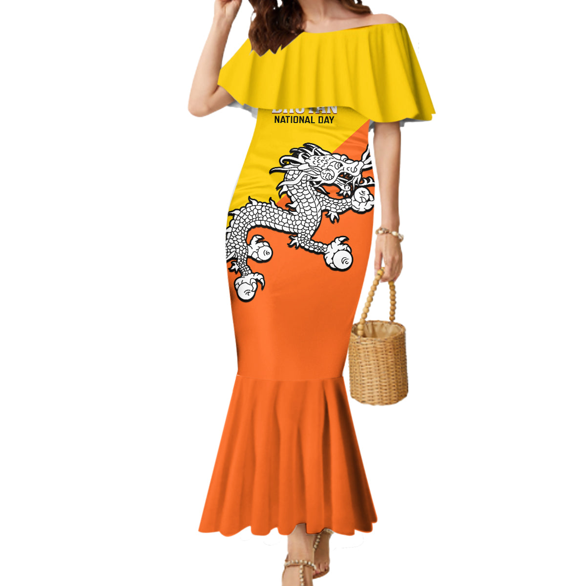Personalised Bhutan National Day Mermaid Dress Coat Of Arms Mix Flag Style - Wonder Print Shop