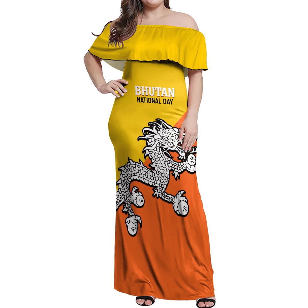 Personalised Bhutan National Day Off Shoulder Maxi Dress Coat Of Arms Mix Flag Style - Wonder Print Shop