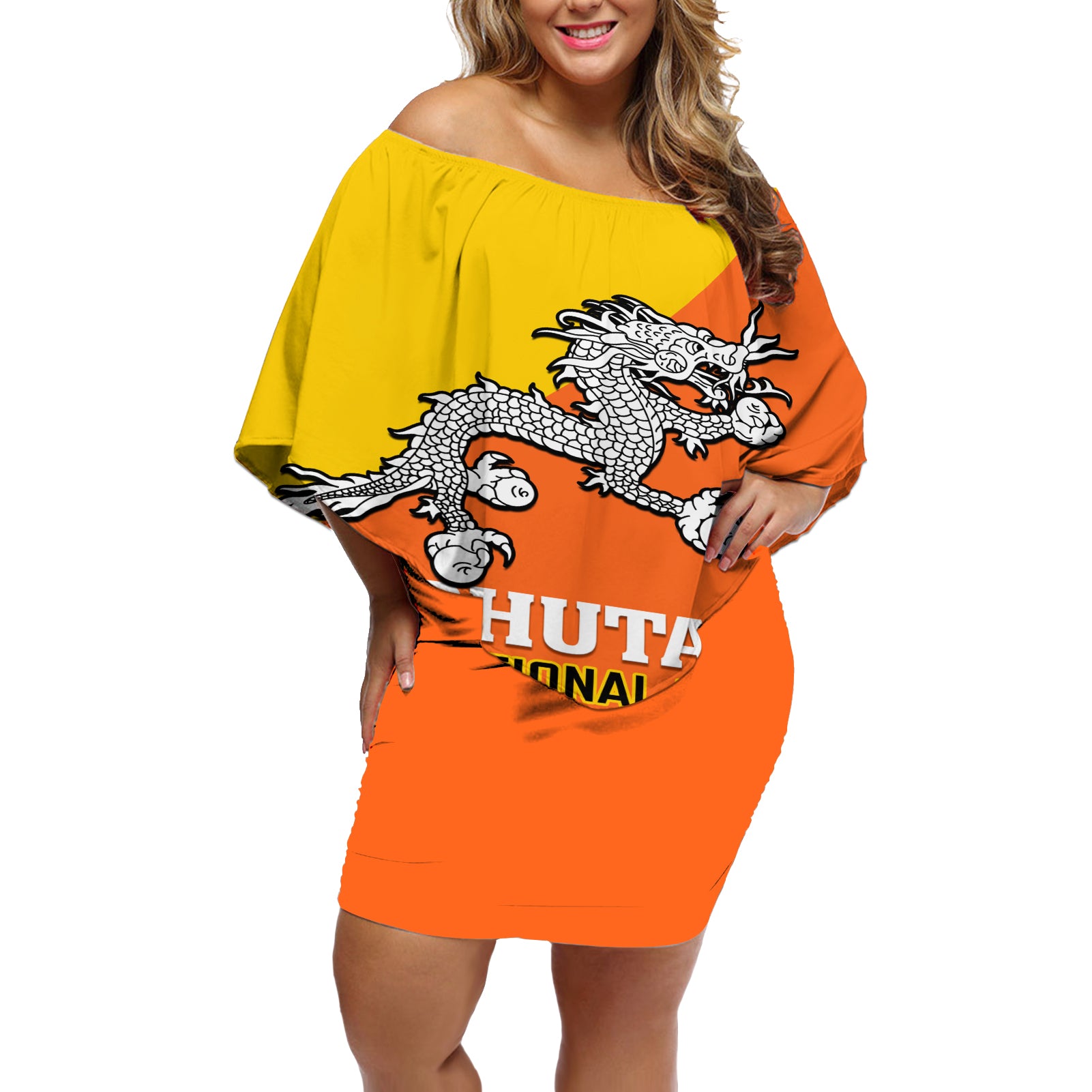 personalised-bhutan-national-day-off-shoulder-short-dress-coat-of-arms-mix-flag-style