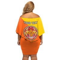 Personalised Bhutan National Day Off Shoulder Short Dress Coat Of Arms Mix Flag Style - Wonder Print Shop
