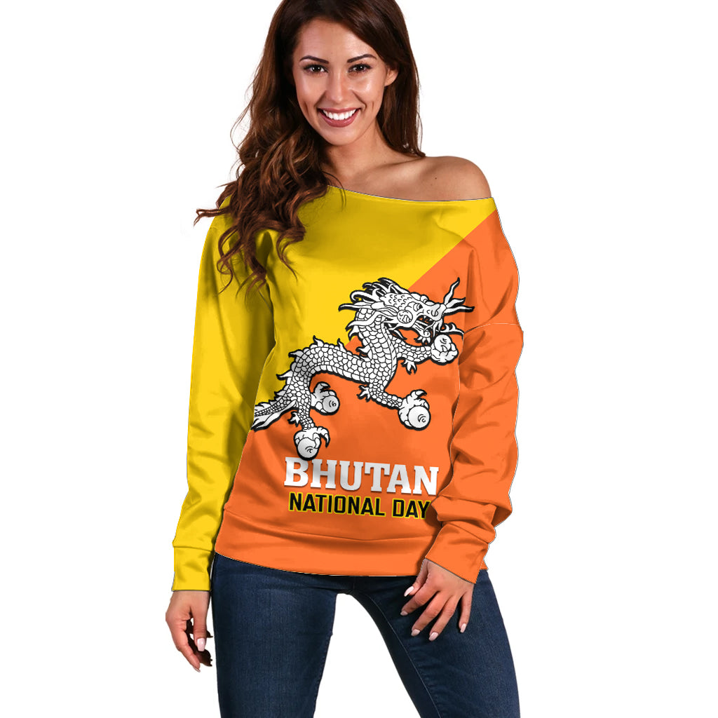Personalised Bhutan National Day Off Shoulder Sweater Coat Of Arms Mix Flag Style - Wonder Print Shop