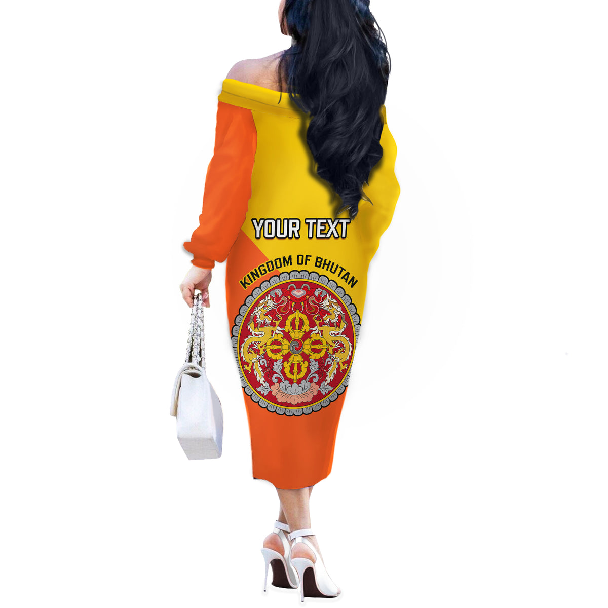 Personalised Bhutan National Day Off The Shoulder Long Sleeve Dress Coat Of Arms Mix Flag Style - Wonder Print Shop