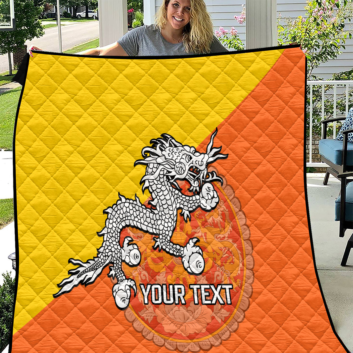 Personalised Bhutan National Day Quilt Coat Of Arms Mix Flag Style - Wonder Print Shop
